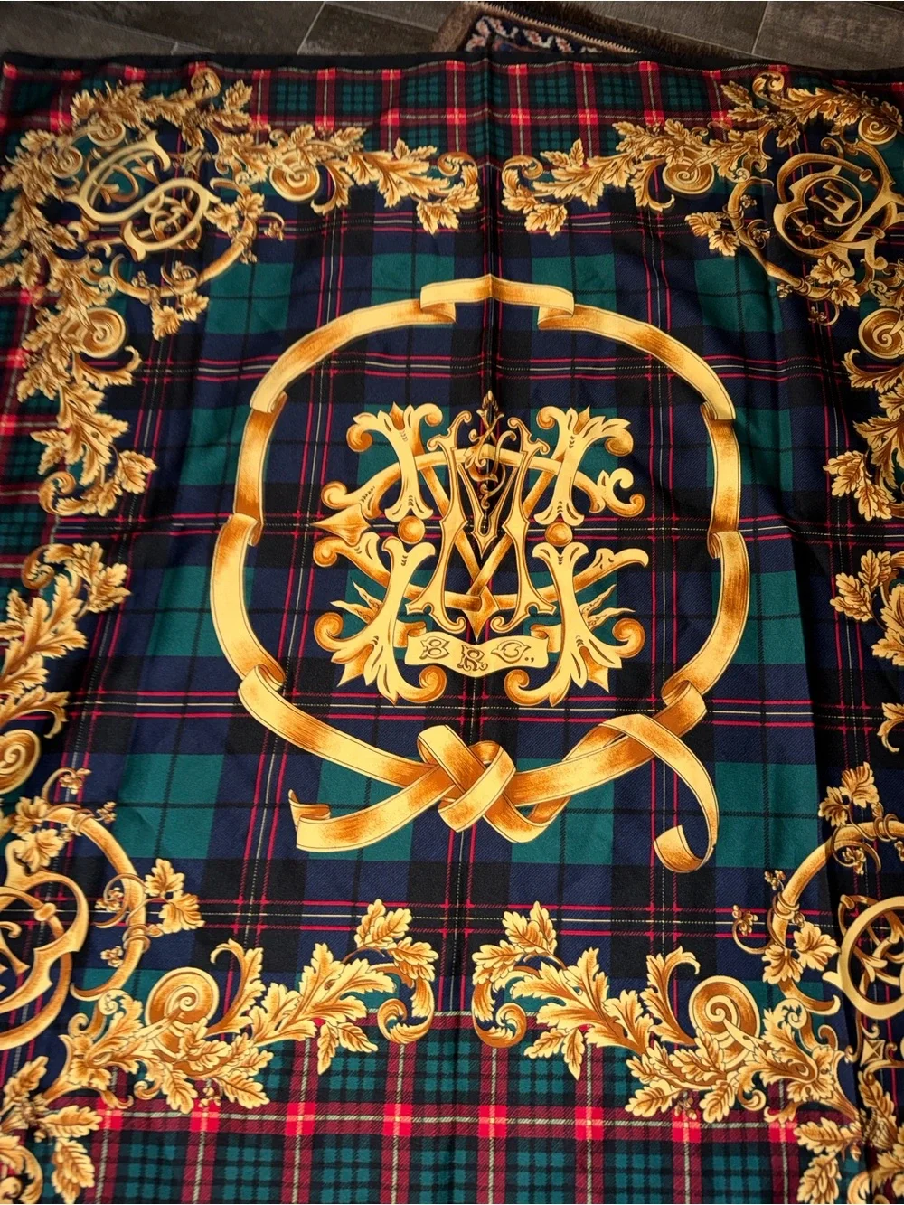 Vintage Baroque Tartan Plaid Square Scarf Gold Regal Crest Renaissance 100% Silk